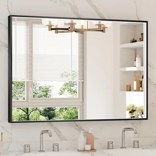 Miniatura 41 de Espejo de baño LED de 24x32 pulgadas con luces, espejo LED con marco de metal negro para baño, 3 colores y luz regulable sin escalones montada