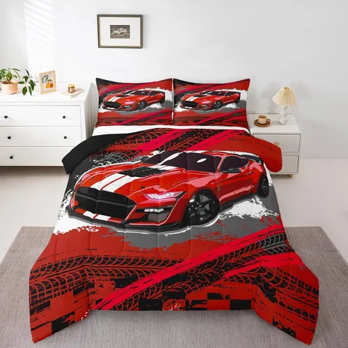 Miniatura 10 de Juego de edredón azul de coche deportivo para niños y hombres, juego de ropa de cama de auto de carreras de graffiti tamaño individual, edredón