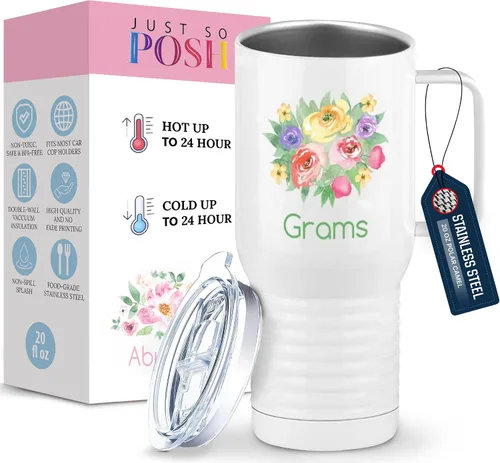 Miniatura 9 de Just So Posh Abuela Flowers Tumbler, Vaso de Café de Viaje con Asa y Tapa Deslizante, Blanco 20 oz Polar Camel, Acero Inoxidable, Aislado al Vacío