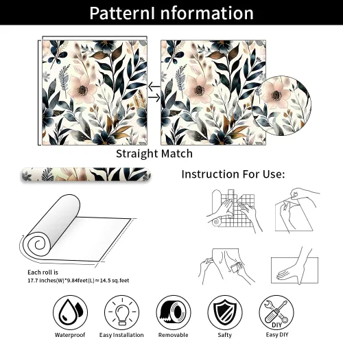 Miniatura 7 de Papel tapiz floral azul oscuro y rosa para despegar y pegar, papel tapiz vintage de hojas, fácil de despegar, autoadhesivo, extraíble, para armario