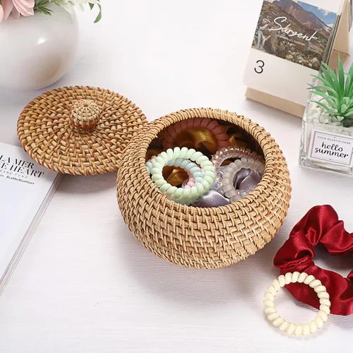 Miniatura 4 de Hipiwe Cajas de Cestas Redondas de Ratán con Tapa Tejidas a Mano, Cestas de Almacenamiento de Mimbre, Contenedor, Cesta Decorativa Multiusos