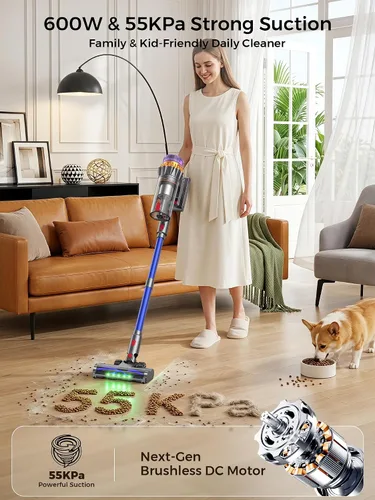 Miniatura 2 de Aspiradora inalámbrica, 600 W/55 Kpa 70 minutos con cepillo antienredos y pantalla táctil, aspiradoras 6 en 1 para el hogar, suelos de madera dura