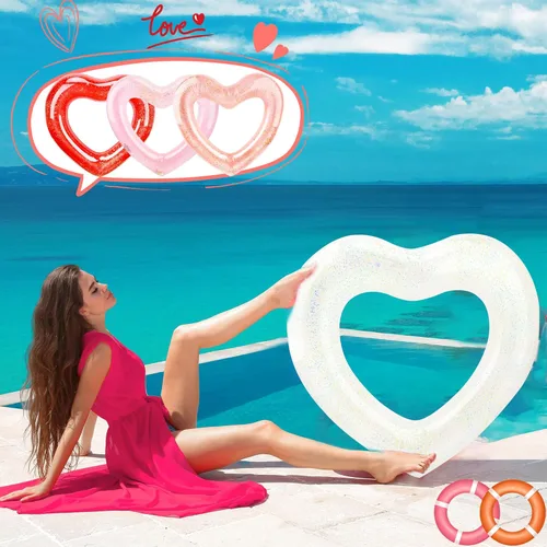 Miniatura 4 de Paquete de 4 anillos de natación inflables con forma de corazón, flotadores de piscina para adultos, suministros de fiesta en la playa, 47.2 x 39.4