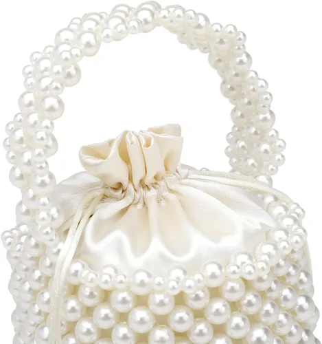 Miniatura 6 de SharPlus White Beaded Pearl Bucket Handbag for Women, Small Tube Clutch Purse Evening Bag for Bridal, Wedding, Party