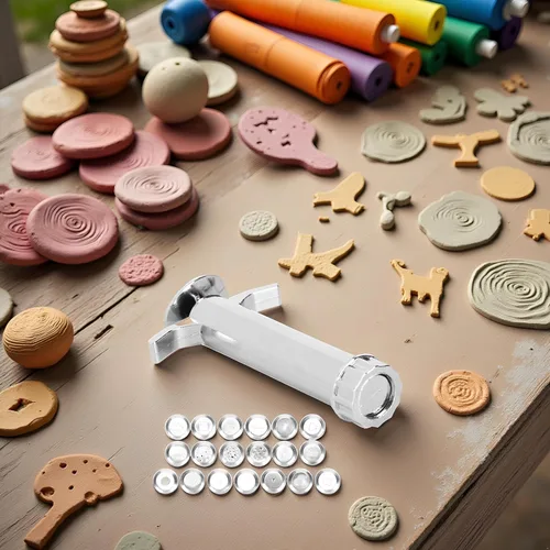 Miniatura 6 de 1 juego de extrusora de arcilla plateada, extrusora de lodo multifunción herramienta de escultura de modelado con 19 moldes de punta