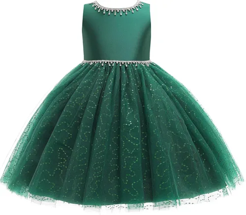 Weileenice Vestido de lentejuelas vintage para niña de flores, vestido de novia formal de tul brillante con diamantes de imitación