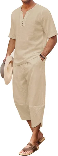 COOFANDY Conjunto de 2 piezas de lino para hombre, camisa Henley de manga corta y pantalones capri harén, pierna ancha, holgados, pantalones de yoga