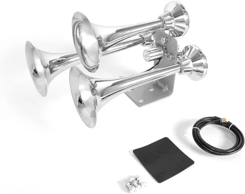 Bocina de tren para camión, 12V/24V, grandes bocinas de aire cromadas de 150 dB, 3 trompetas, bocina fuerte para camión, coche, tren y barco 4