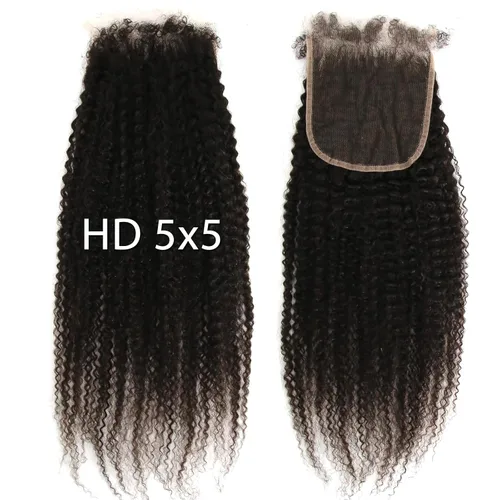 Afro Kinky Curly 5x5 HD Cierre de encaje prearrancado con borde rizado de bebé 4B 4C, cierre de encaje HD de cabello humano transparente (20