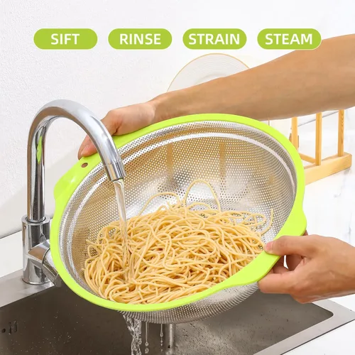 Miniatura 4 de Colador de Acero Inoxidable Microporoso, Lavador de Arroz de Gran Capacidad de 5QT con Tazón Mezclador, Juego de Tazón Colador de Arroz de 12.5