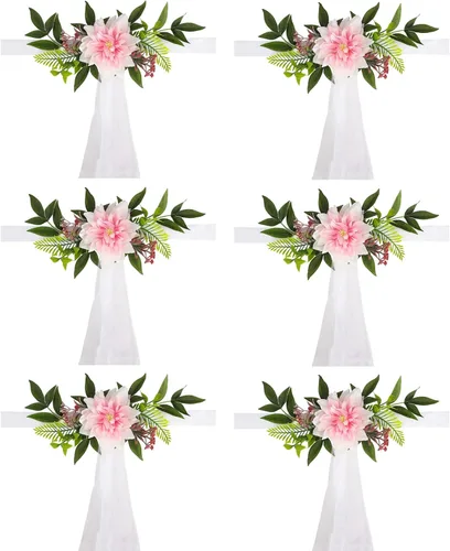 Juego de 6 decoraciones para sillas de pasillo de boda, flores artificiales con cintas, sillas, respaldo de banco, arreglo floral para decoración de