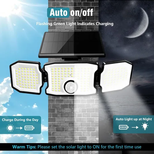 Miniatura 4 de Luces solares impermeables para exteriores, 2800 lm, 200 luces LED con sensor de movimiento, 3 cabezales y 3 modos de luces de inundación, luces