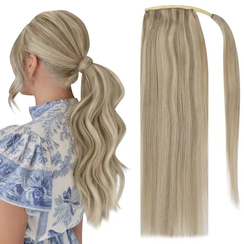 Miniatura 12 de Full Shine - Extensión de cola de caballo con clip, color marrón oscuro con mechas rubio miel, extensión de cabello humano real para mujeres, 14