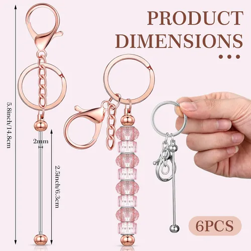 Miniatura 3 de Huwena 6 piezas de llaveros con cuentas, barras en blanco, llavero de cuentas de metal para colgante, manualidades, joyería, regalo Varios