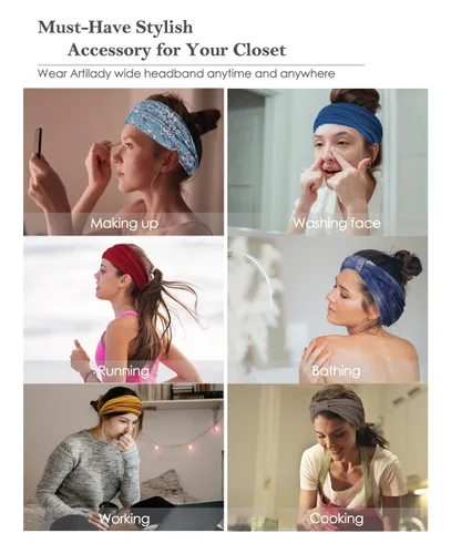 Miniatura 6 de Artilady Paquete de 12 diademas bohemias para mujer, bandas elásticas suaves para yoga para niñas, entrenamiento, correr, deporte, envoltura