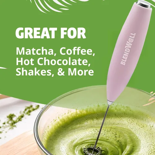 Miniatura 3 de BlendWell Espumador de leche eléctrico para matcha y café, mezclador de bebidas de mano con batería, con soporte, batidor de acero inoxidable, rosa