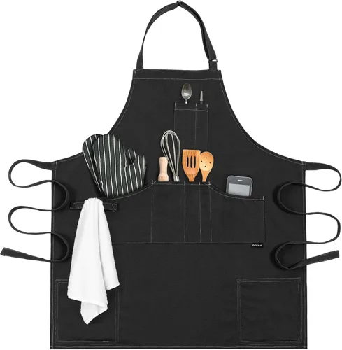 opux Delantal de chef para hombres, delantal de cocina con bolsillos para mujer, delantal grande de lona unisex para cocinar, asar a la parrilla,