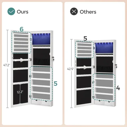 Miniatura 7 de Songmics - UJJC93W - Armario para joyas que se puede cerrar con llave, de montaje en pared o puerta, con espejo de 6 luces LED, para organización