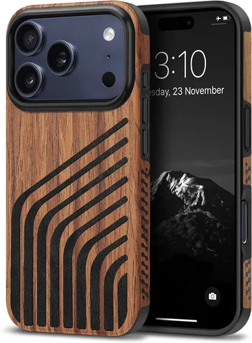 Miniatura 16 de TENDLIN Compatible con iPhone 17 Pro Max Funda de madera con textura de fibra de carbono Diseño de cuero híbrido delgado (negro)