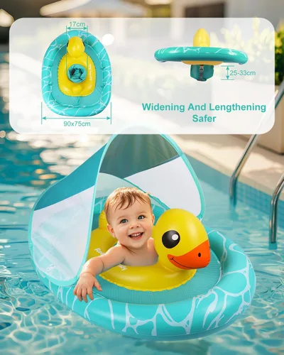 Miniatura 3 de Flotador doble para piscina para bebé con asiento de seguridad ajustable, toldo UPF 50+ extraíble solar, flotador inflable estilo animal, flotador