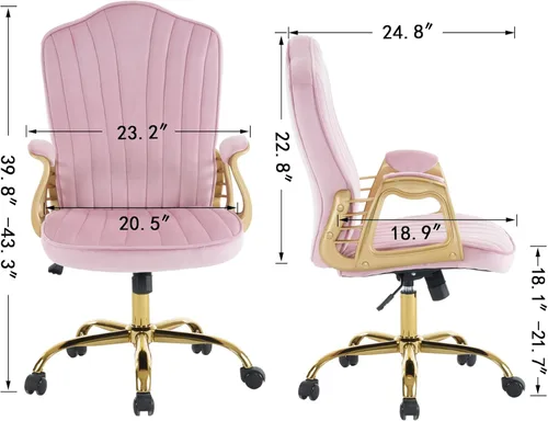Miniatura 2 de Silla de oficina en casa de terciopelo con brazos y patas dorados, cómoda silla de escritorio giratoria tapizada y capitonada, cómoda con ruedas Rosa