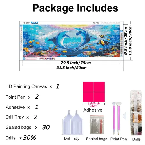 Miniatura 6 de Kits de pintura de diamante 5D DIY para adultos con bordado de delfín, perforación completa redonda de gran tamaño (31.5x11.8 pulgadas) Arte