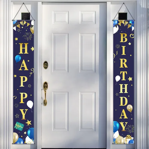 Frienda Cartel de puerta de feliz cumpleaños, color azul marino y dorado, decoración de telón de fondo para hombres, letrero de feliz cumpleaños,