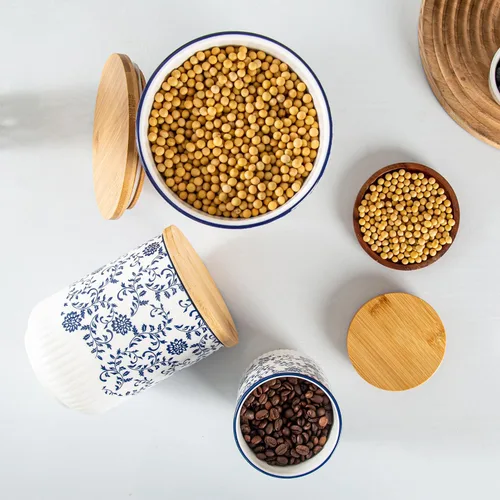 Miniatura 3 de Juego de recipientes para cocina - Recipientes de cerámica para encimera con tapas herméticas de madera - Recipientes para harina y azúcar