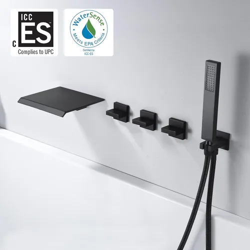 Miniatura 2 de Grifo de Montaje en Pared para Bañera con Cascada y Relleno, con Ducha de Mano de Alto Flujo, Negro Mate, SUMERAIN
