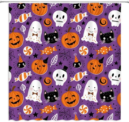 Miniatura 8 de Cortina de ducha de Halloween, castillo aterrador, calabaza, camión, calavera, murciélago de terror, luna llena, bruja, tela gótica, juego