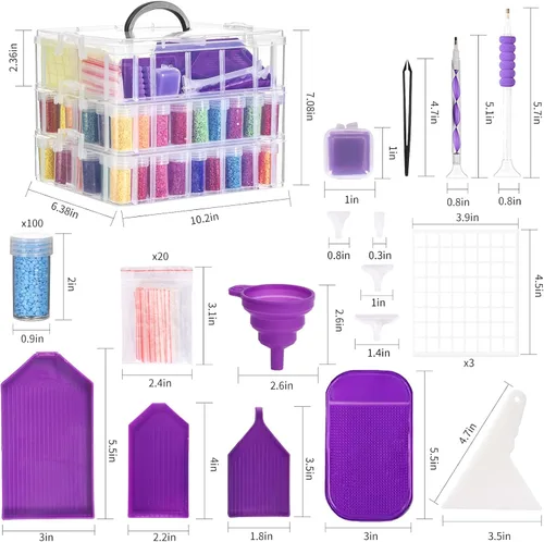 Miniatura 2 de QUEFE Contenedor de almacenamiento de pintura de diamante de 3 niveles, 100 ranuras, organizador de cuentas apilable transparente con accesorios