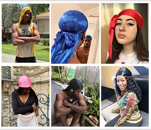 Miniatura 24 de Paquete de 3 piezas de durags sedosas para ondas de hombres, de regalo 1 gorra para marcar las ondas, talla única
