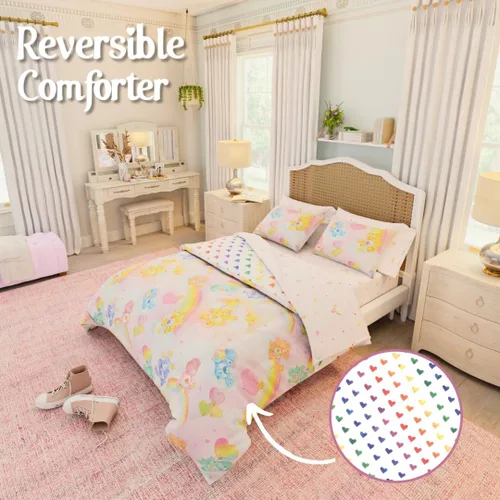Miniatura 4 de Juego de ropa de cama clásico retro arcoíris de los Cariñositos, 7 piezas, edredón y sábanas supersuaves con funda de almohada, tamaño matrimonial