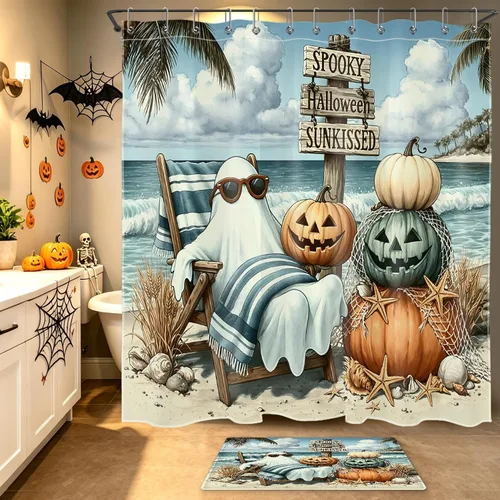 Miniatura 17 de HVEST Cortina de ducha de Halloween, linterna de calabaza y gnomo, cortina de ducha de baño, cortina de ducha de murciélago y araña, decorativa