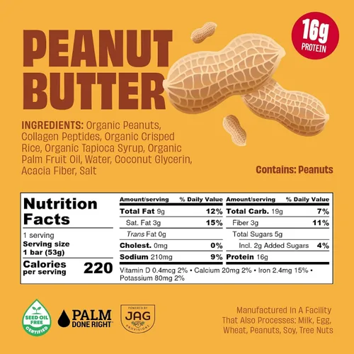 Miniatura 2 de JUSTNOSH Peanut Butter - Barras de proteína de colágeno, 0.63 onzas de proteína, 0.35 onzas de colágeno, sin gluten y lácteos, bajo FODMAP, sin