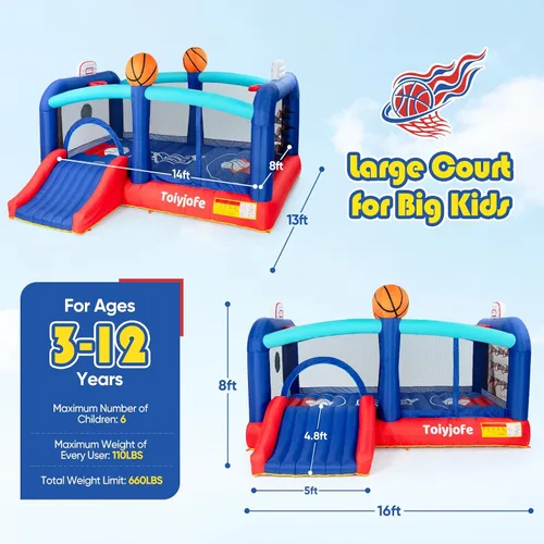 Miniatura 2 de Casa inflable de baloncesto extragrande para niños grandes de 8 a 12 años, castillo hinchable inflable de 16 pies con tobogán y aros dobles, puente