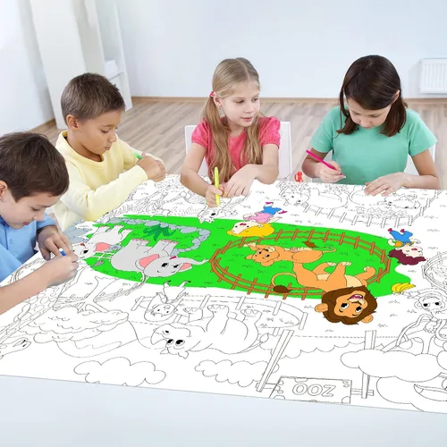 Miniatura 4 de Póster gigante para colorear de animales del zoológico para niños, mantel grande para colorear, rollo de actividad, papel de dibujo, hojas