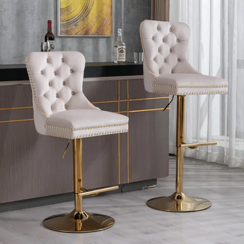 Miniatura 7 de Taburete de bar giratorio con respaldo copetudo, taburetes de bar ajustables en altura de mostrador, ribete de cabeza de clavo, silla de bar Beige +