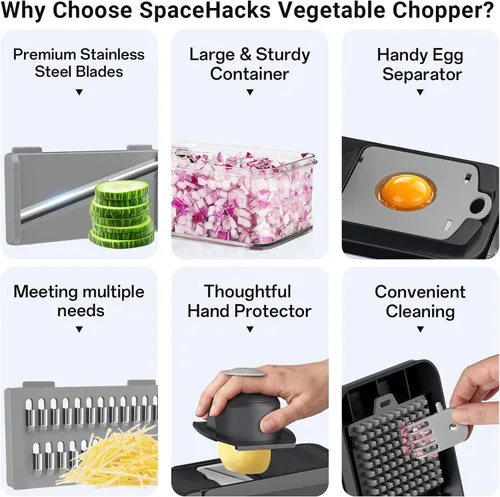 Miniatura 3 de SpaceHacks Picador de verduras 12 en 1, utensilios de cocina con 7 cuchillas, verduras, alimentos, picador de cebolla, rebanador de pepino, Gris