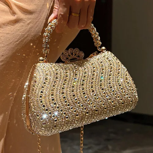 Miniatura 3 de Bolso de mano de noche con diamantes de imitación de cristal para mujer con cierre de corona de asa dorada, cadena desmontable formal para gala