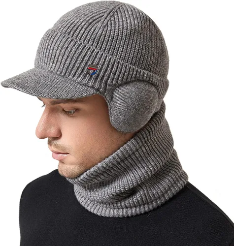 Miniatura 6 de Muryobao Gorro de invierno para hombre, con visera de punto, con forro polar y calentador de cuello