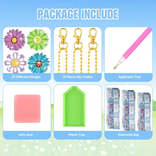 Miniatura 4 de FairySandy Juego de 20 llaveros de flores con pintura de diamantes de primavera para adultos, diseño de girasol, diamantes de imitación 5D, adorno