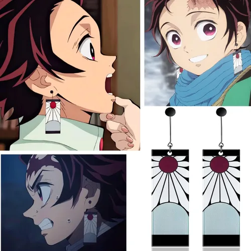 Miniatura 5 de 925 Sterling Silver Tanjiro Earrings,Anime Demon Slayer Cosplay Tanjiro Black Earrings Ear clip Kimetsu No Yaiba Hanafuda Halloween For Men Women