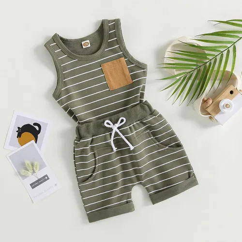 Miniatura 3 de Lucikamy Ropa de bebé niño sin mangas + pantalones cortos con estampado a rayas con bolsillos, 2 piezas de trajes de verano