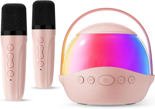Miniatura 10 de Máquina de karaoke para niños y adultos, mini altavoz Bluetooth portátil con 2 micrófonos inalámbricos, luces LED para TV, regalos para niñas y Azul