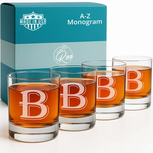 On The Rox Drinks Juego de 4 vasos de vidrio grabados con monograma B, 11 onzas