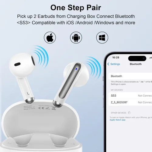 Miniatura 4 de Auriculares inalámbricos Bluetooth para iPhone 17 16 Pro Max 16e 16 Plus 16 15 Pro Max 15, V5.3 48H Auriculares inalámbricos con pantalla LED Blanco