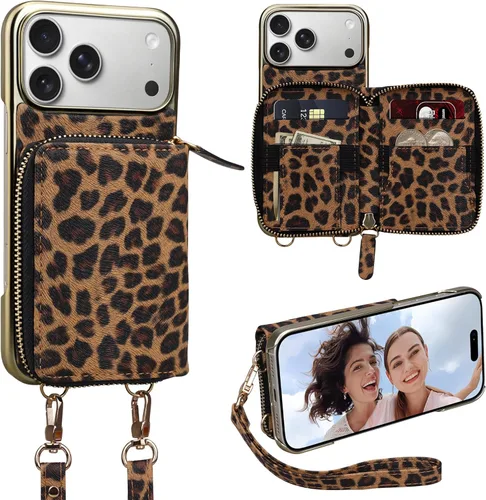 Miniatura 74 de Funda tipo cartera para iPhone 15 de 6.1 pulgadas, bolso cruzado con cremallera y correa para la muñeca con cordón para mujer, tarjetero con bloqueo