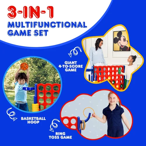 Miniatura 4 de HONEY JOY Juego gigante gigante de 4 a puntuación, 3 en 1 para interiores y exteriores, juego de patio familiar con aro de baloncesto y lanzamiento