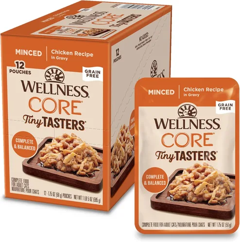 Miniatura 12 de Wellness CORE Tiny Tasters - Alimento húmedo para gatos adultos, natural, rico en proteínas, sin granos, receta de atún y salmón, 1.75 onzas